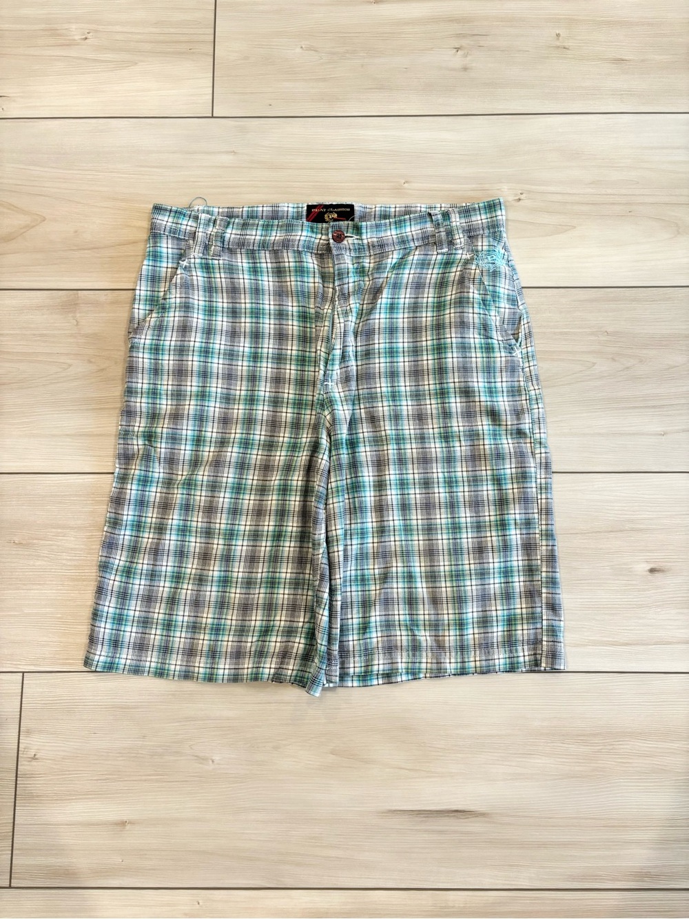 Phat Farm Y2K baggy Light Blue & Green Plaid skater Surfwear Men's chino Shorts